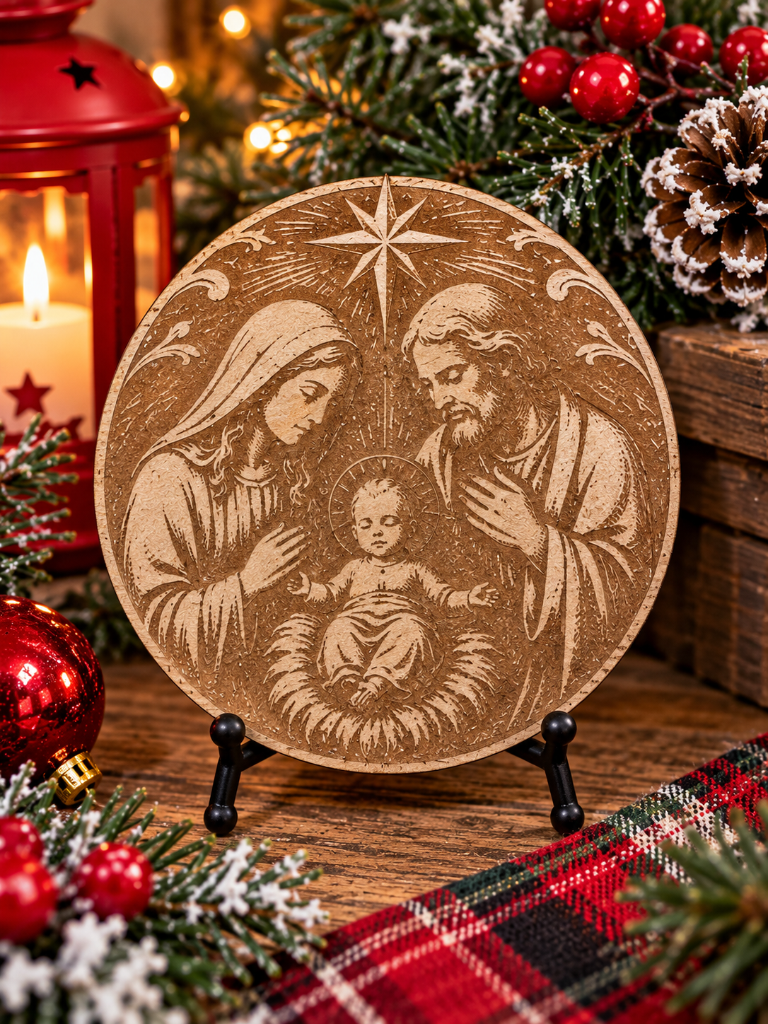 Engraved Holy Family Nativity Christmas Decor with Easel